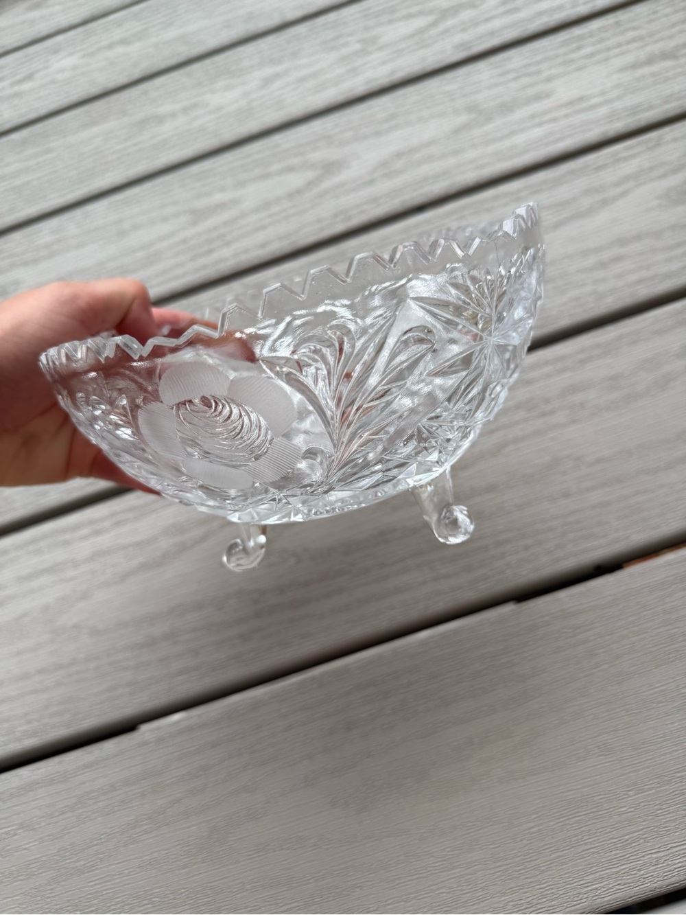 Vintage Cut Glass Footed Candy Dish Trinket Bowl 3-Toe Base